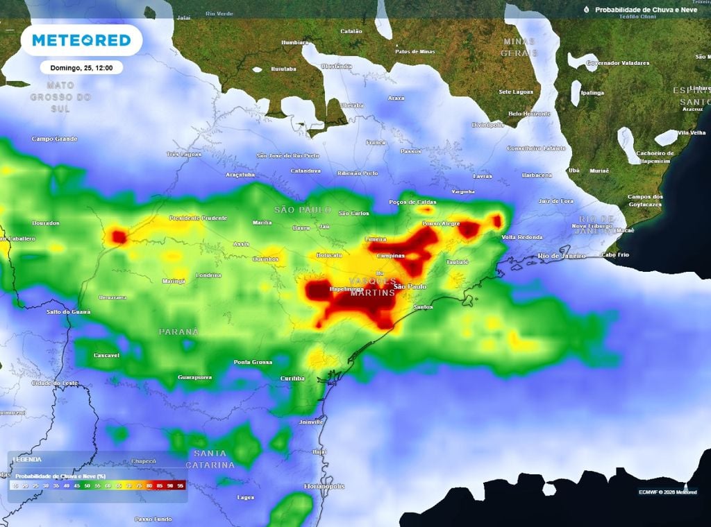 Previsão da probabilidade (%) de precipitação para o domingo (25) às 12h, segundo o modelo europeu ECMWF.