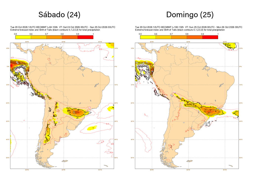 EFI para precipitação do ECMWF entre sábado (24) e domingo (25). Créditos: Meteored/ECWMF. EFI para precipitação do ECMWF entre sábado (24) e domingo (25). Créditos: Meteored/ECWMF.