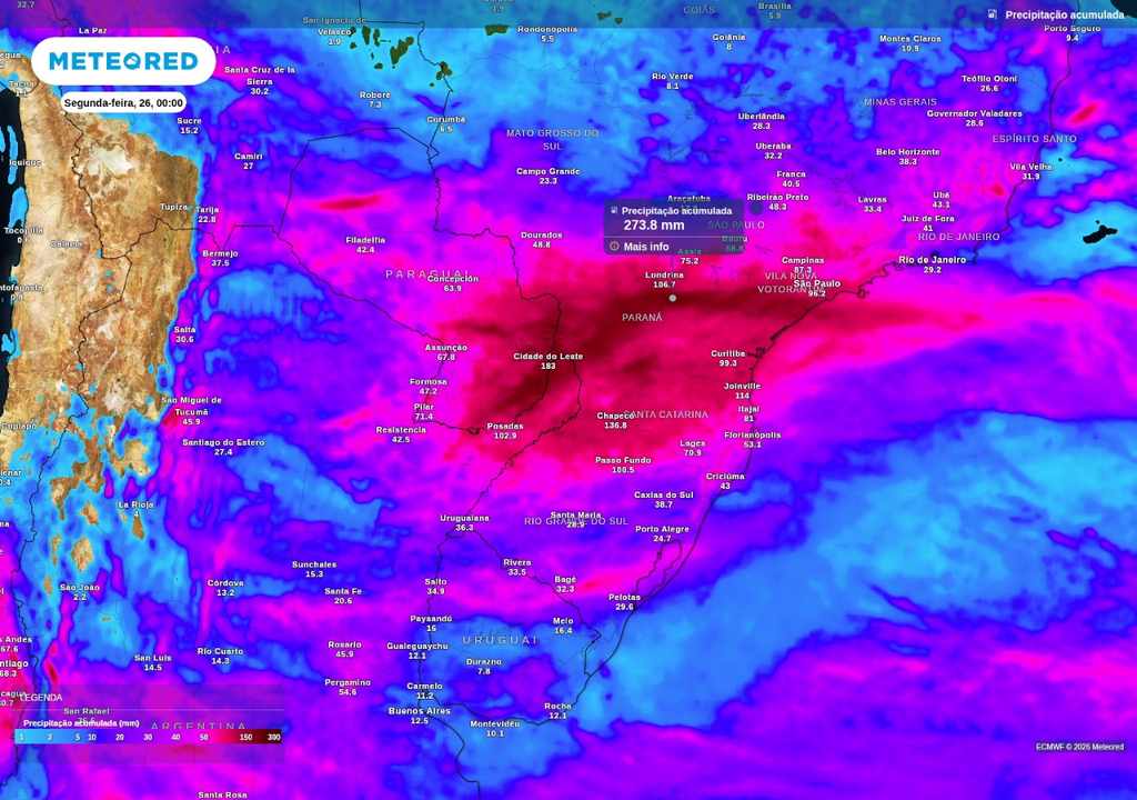 Previsão de chuva acumulada até o final de segunda-feira (26), segundo o ECMWF. Previsão de chuva acumulada até o final de segunda-feira (26), segundo o ECMWF.