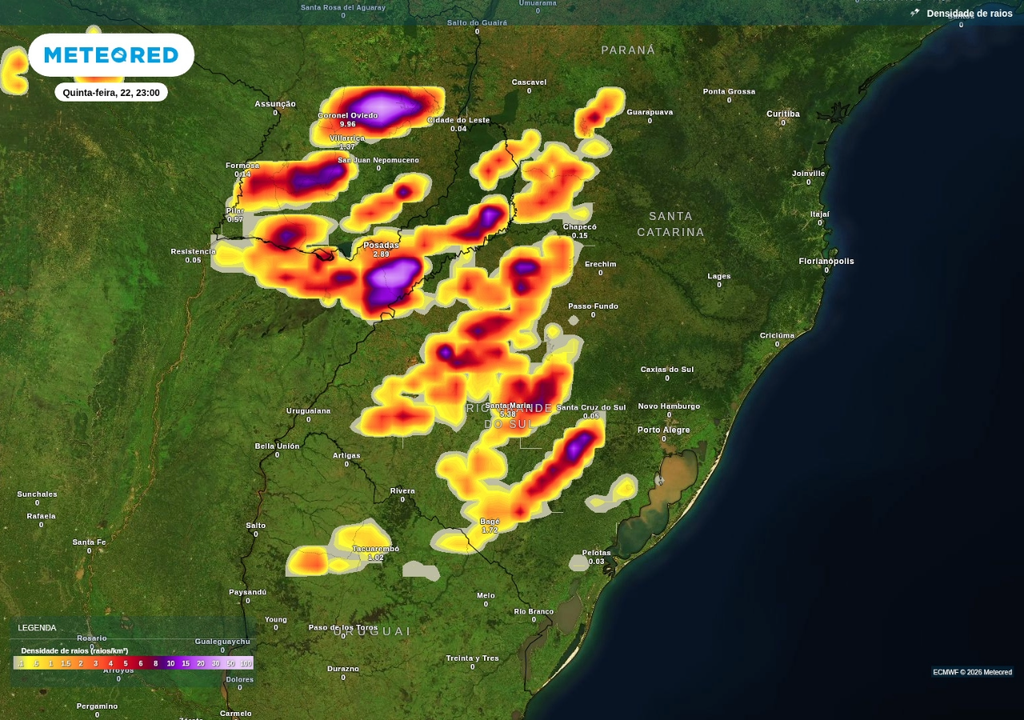 Previsão de tempestades na quinta-feira (22), segundo o ECMWF. Previsão de tempestades na quinta-feira (22), segundo o ECMWF.