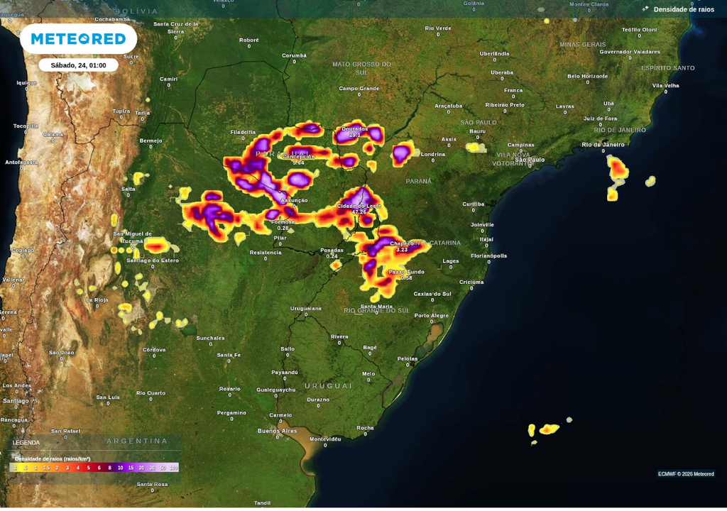 Previsão de tempestades no sábado (24), segundo o ECMWF. Previsão de tempestades no sábado (24), segundo o ECMWF.
