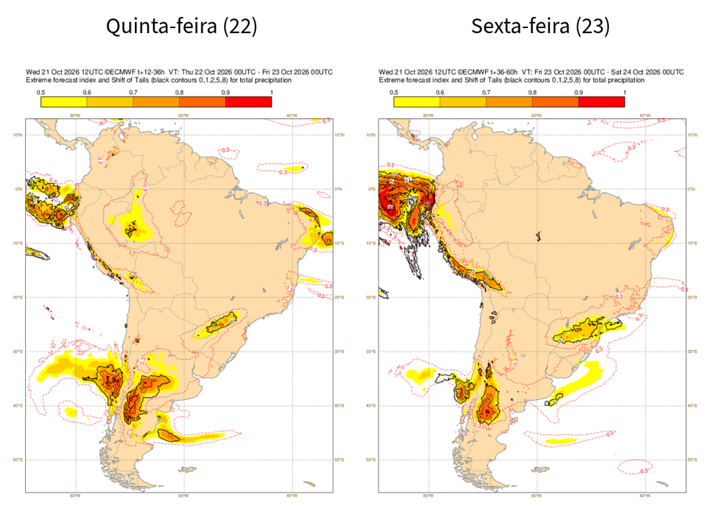 EFI para precipitação do ECMWF para quinta (22) e sexta-feira (23). Créditos: Meteored/ECMWF. EFI para precipitação do ECMWF para quinta (22) e sexta-feira (23). Créditos: Meteored/ECMWF.