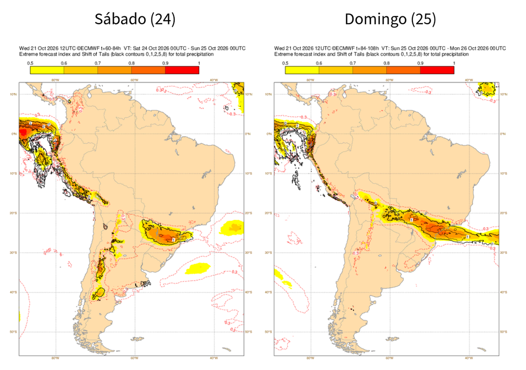 EFI para precipitação do ECMWF para sábado (24) e domingo (25). Créditos: Meteored/ECMWF. EFI para precipitação do ECMWF para sábado (24) e domingo (25). Créditos: Meteored/ECMWF.