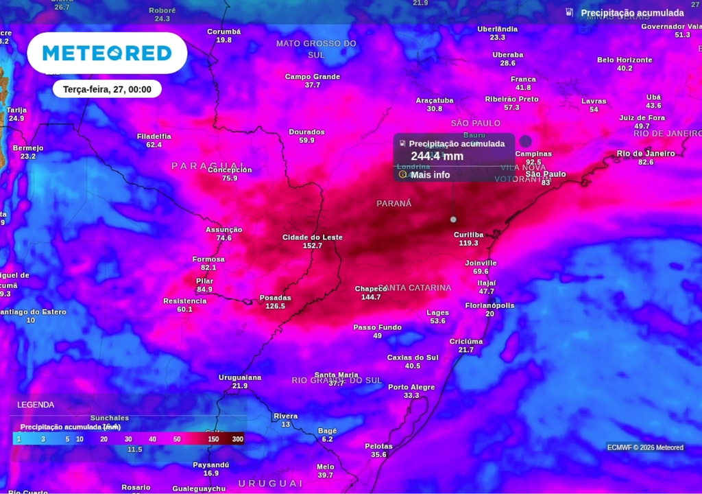 Previsão de chuva acumulada até o final de segunda-feira (26), segundo o ECMWF. Previsão de chuva acumulada até o final de segunda-feira (26), segundo o ECMWF.