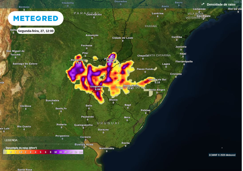 Previsão de tempestades para segunda-feira (27), segundo o ECMWF.
