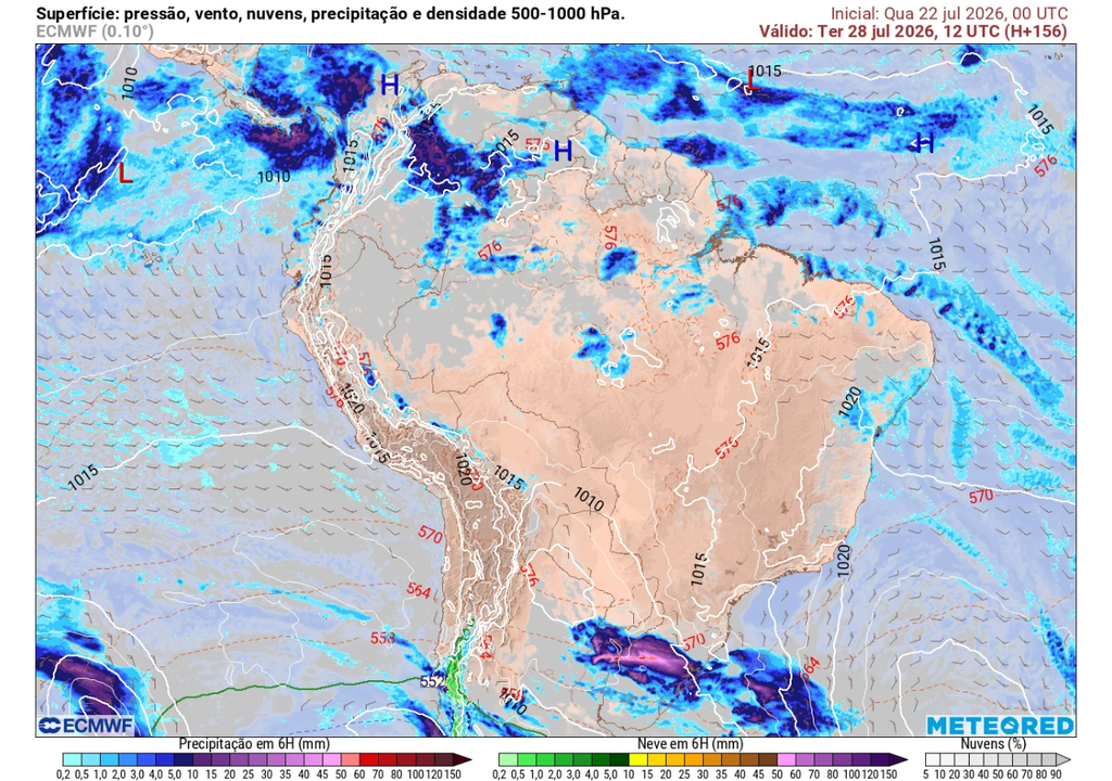 Previsão de chuvas intensas no Rio Grande do Sul para a próxima terça-feira (28), segundo o ECMWF.