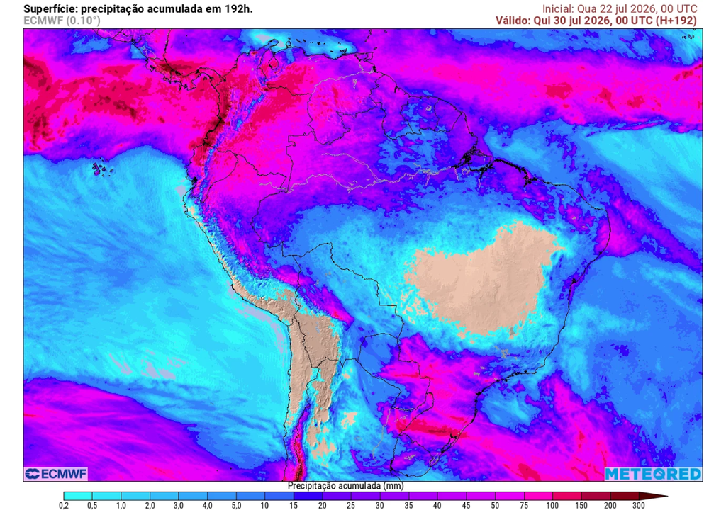 Previsão de chuva acumulada até quarta-feira (29), segundo o ECMWF.