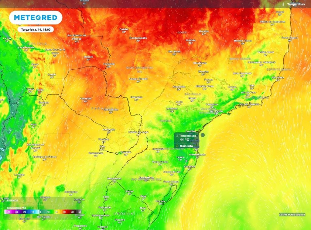 Previsão da temperatura máxima do ar (em °C) para a terça-feira (14), segundo o modelo europeu ECMWF.