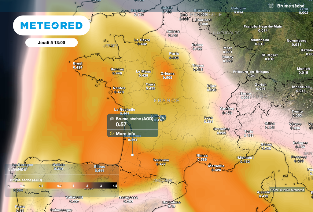 Régions concernées jeudi par le nuage de sable en provenance du Sahara. Régions concernées jeudi par le nuage de sable en provenance du Sahara.