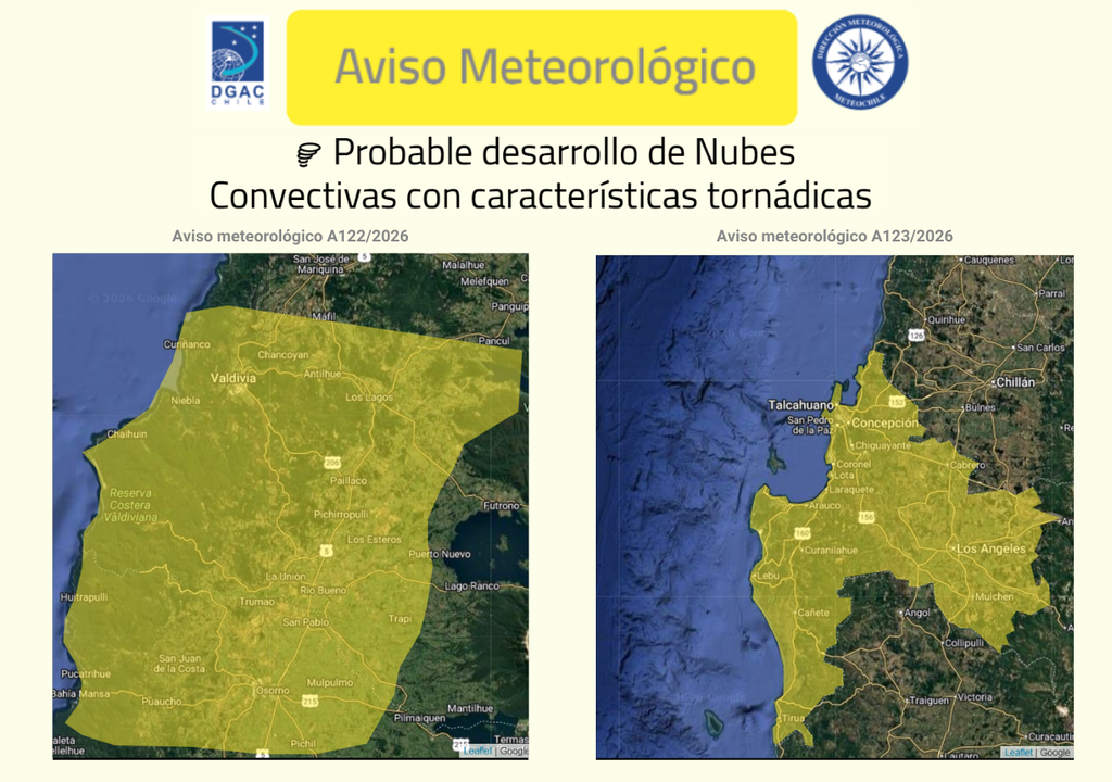 Estas son las zonas que se encuentran bajo aviso por probable desarrollo de nubes convectivas con características tornádicas en las regiones de Los Ríos, Los Lagos y también del Biobío durante el lunes 16 de marzo. Fuente: Dirección Meteorológica de Chile.
