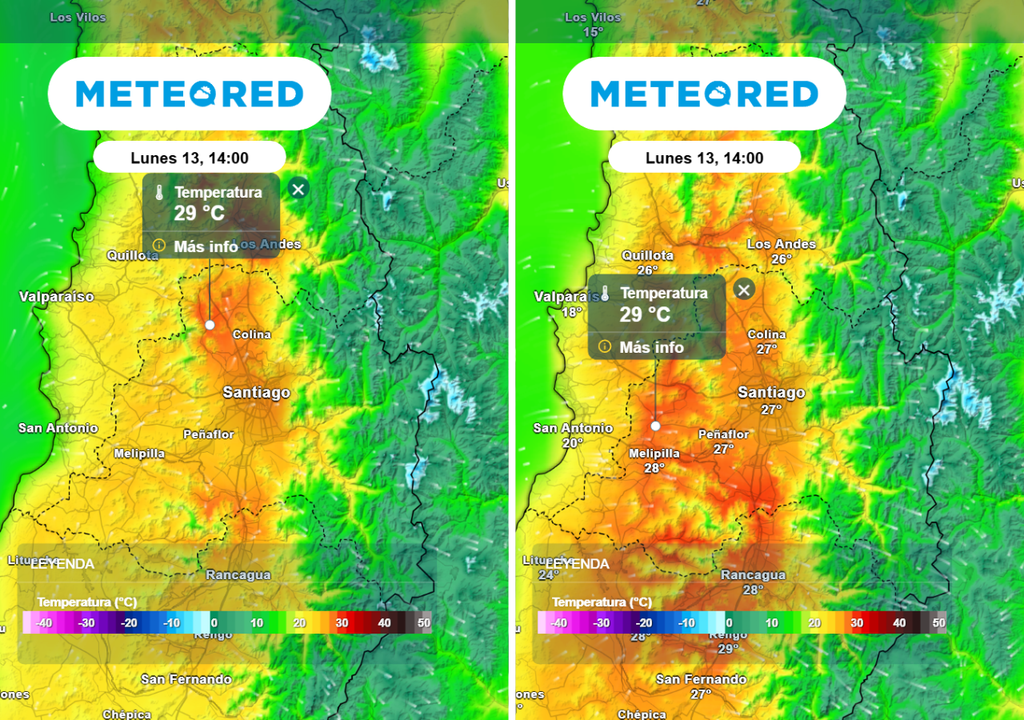 ECMWF y GFS Modelo europeo (imagen izquierda) proyecta hasta 29 °C en zonas de la RM, mientras el GFS indica valores ligeramente superiores el próximo lunes.