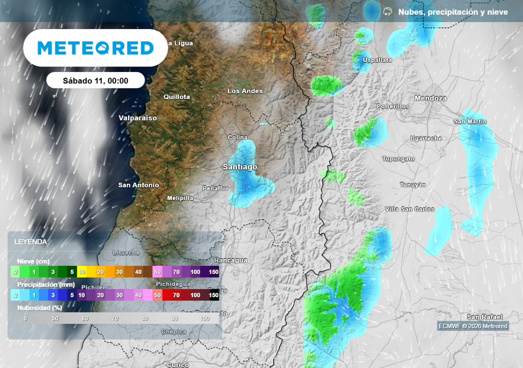 ECMWF ECMWF indica inestabilidad y la ocurrencia de lloviznas débiles en Santiago durante la madrugada de este sábado (11).