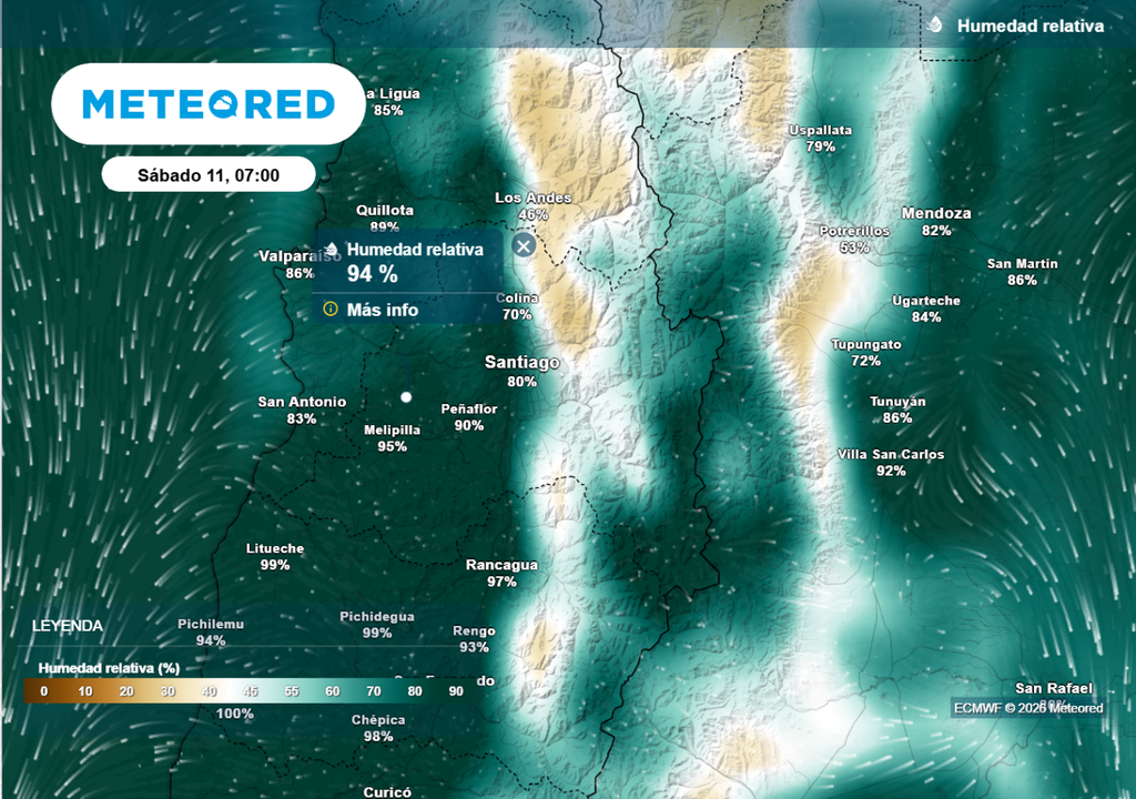 ECMWF Alto contenido de humedad en Santiago durante las próximas horas: potenciarán una sensación térmica más baja en la ciudad.