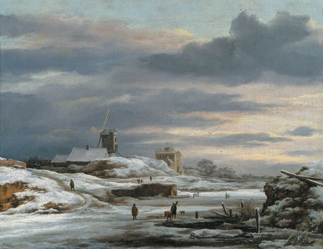 Escena de invierno con personas y un molino (c. 1670-1675) Jacob van Ruysdael. Cuadro perteneciente a una colección privada.