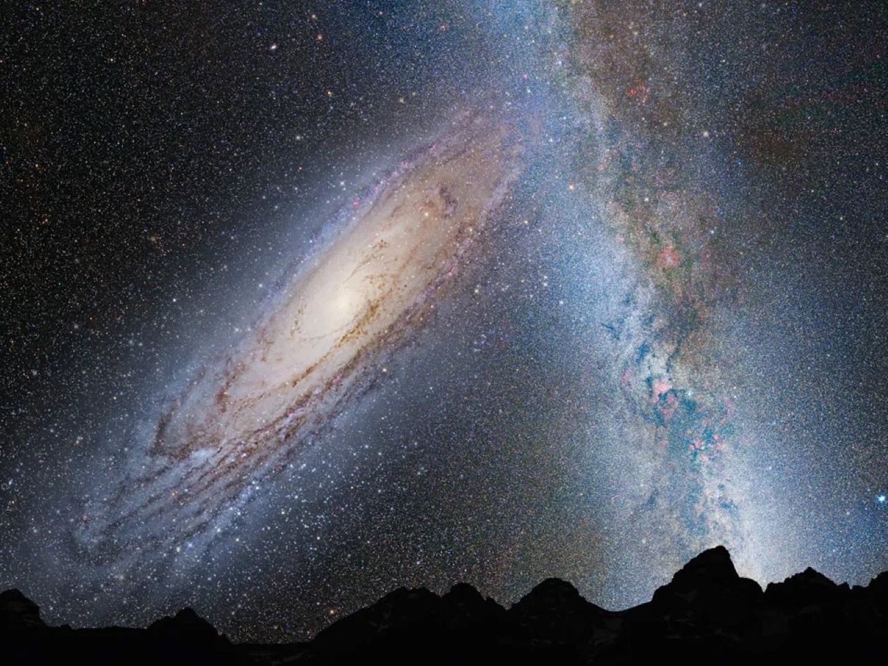Esta ilustración muestra una etapa de la fusión prevista entre nuestra galaxia, la Vía Láctea, y la vecina galaxia Andrómeda. Crédito: NASA; ESA; Z. Levay y R. van der Marel, STScI; T. Hallas; y A. Mellinger