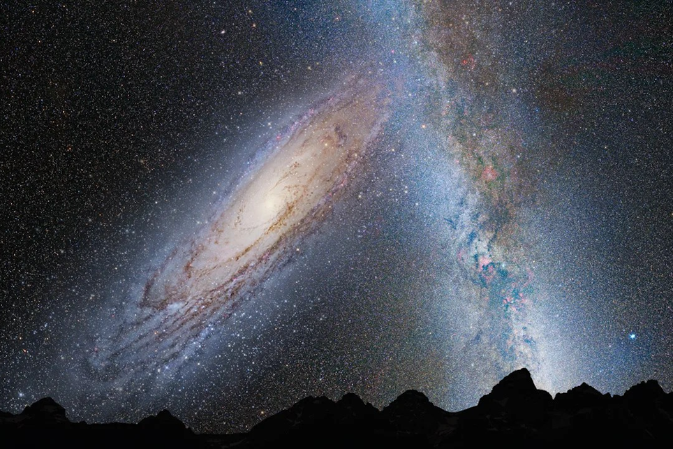 Illustration artistique montrant le ciel nocturne lors de la fusion entre notre galaxie, la Voie lactée, et Andromède. Crédit : NASA / ESA / STScI.