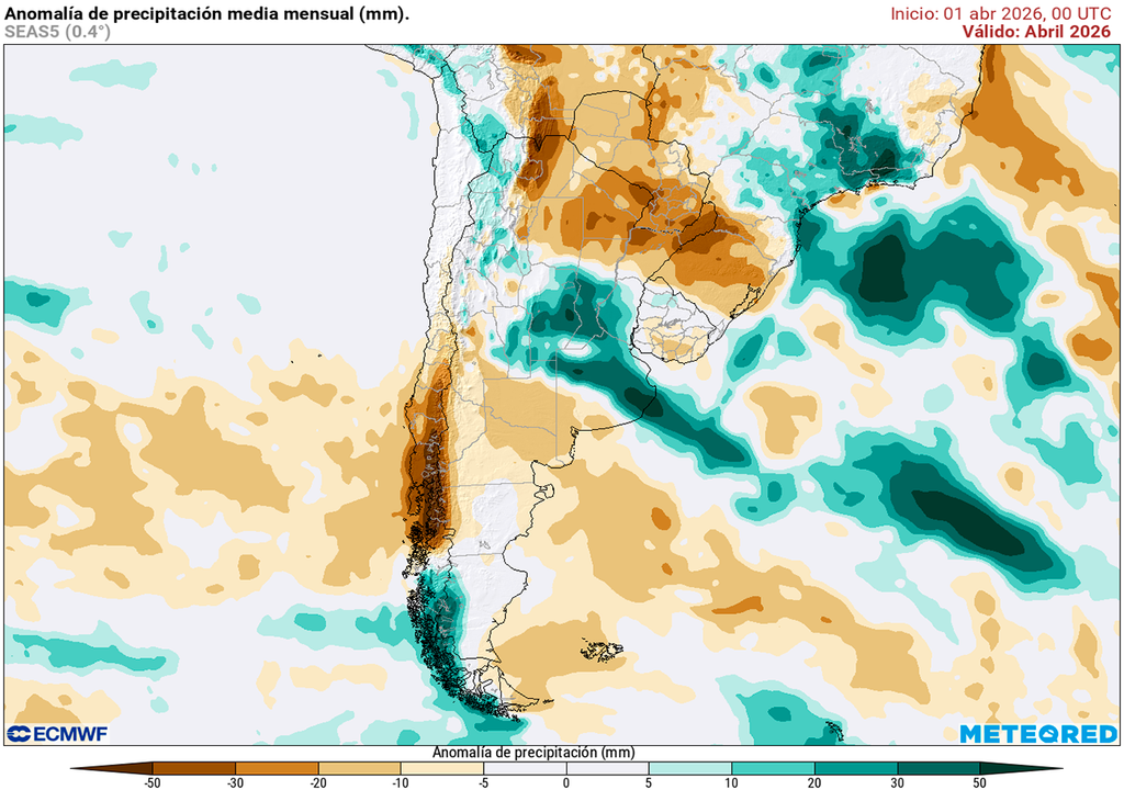 Anomalía de precipitaciones prevista para el mes de abril según el modelo ECMWF