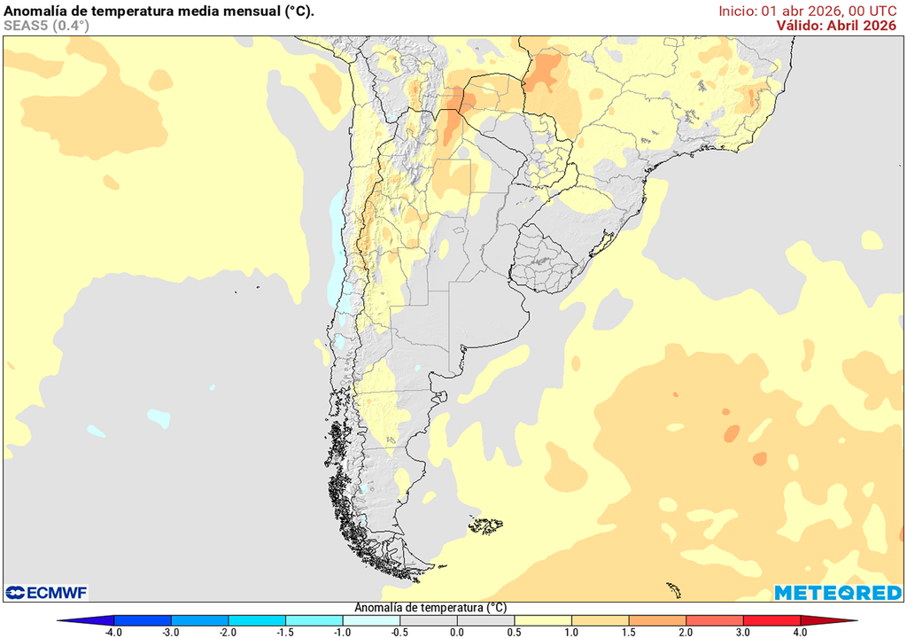 Anomalía de temperatura prevista para el mes de abril según el modelo ECMWF
