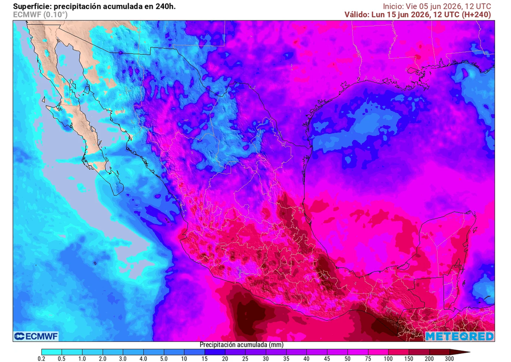 Pronóstico de lluvia acumulada próximos 10 días La incidencia de ciclones tropicales, ondas y efectos locales mantendrían el Temporal Lluvioso en la franja centro-sur de México con más de 200 mm acumulados.