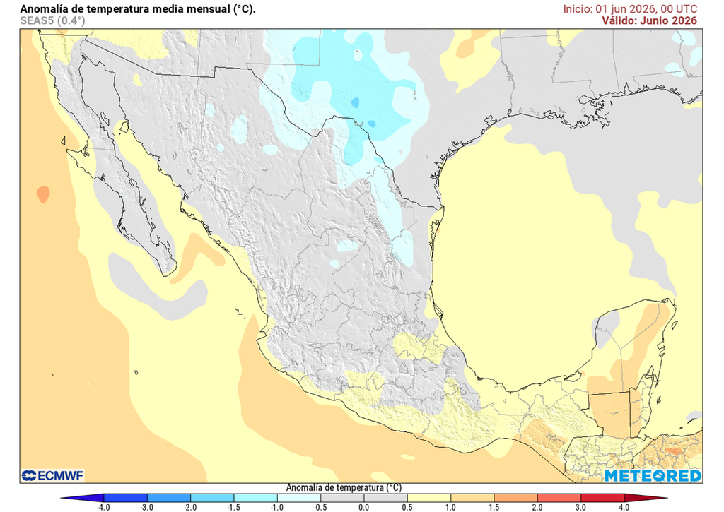 Anomalía de temperaturas en grados Celsius Las temperaturas en junio estará reguladas por condiciones lluviosas, refrescándose el ambiente. No así en el sureste, Pacífico y noroeste donde sería más caluroso.