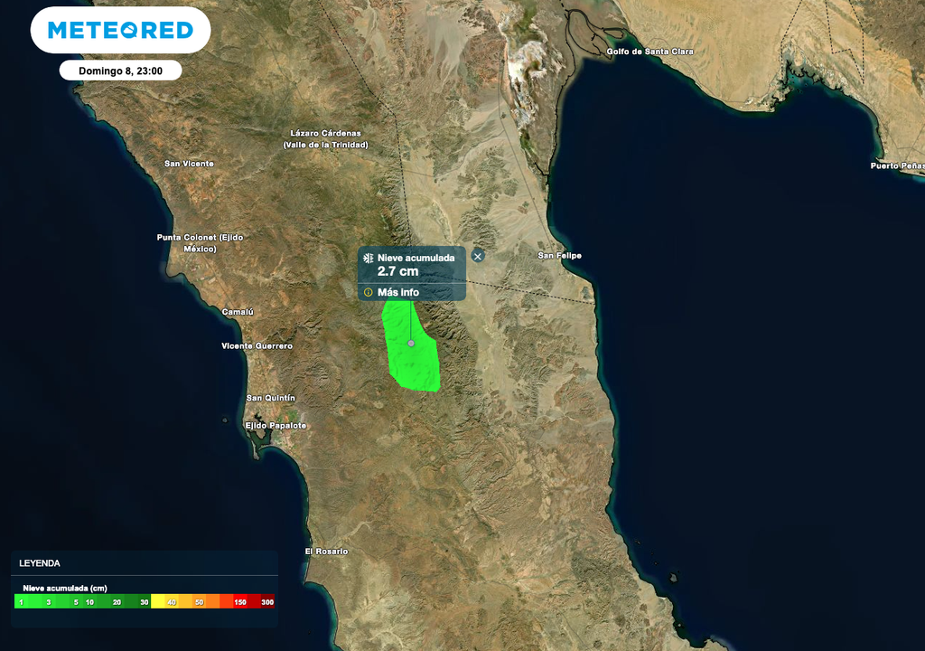 Posible caída de nieve o aguanieve con acumulados de hasta 3 cm en la Sierra de San Pedro Mártir y La Rumorosa en Baja California.