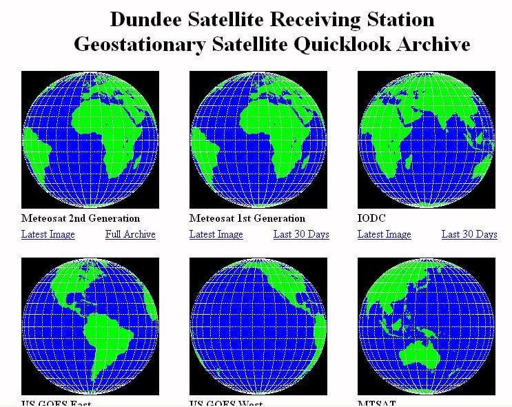 Imágenes en tiempo real y archivo históricoUniversidad de DundeeNueva interface para la solicitud de imágenes de satélites geoestacionarios actuales e históricas. Imagen de la Universidad de Dundee.La estación de recepción de datos de satélites de la Universidad de Dundee nos ofrece una nueva interface para ver y solicitar los datos disponibles de los satélites geoestacionarios. Llama la atención su simplicidad y eficiencia.Cuando entramos a solicitar las imágenes observamos en su “quicklook” lo qué podemos solicitar. De entrada llama la atención que los últimos 30 días está disponible pero sólo para las horas 00, 06, 12 y 18 UTC.Llama la atención que disponemos on-line de TODAS las imágenes de estos periodos pero para los 11+1 canales del nuevo Meteosat-8. Esto no estaba activado hasta la fecha ni se podía solicitar.Una página para favoritos de los amantes de las imágenes de satélite.http://www.sat.dundee.ac.uk/abin/geobrowseAl entrar en este portal, te pedirá que te registres. Ya hay un usuario que te permitirá acceder a las imágenes:Nombre de usuario es: meteoredY la password es: dxg765