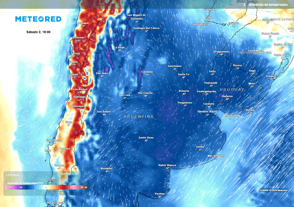 Anomalía de temperatura prevista para el próximo sábado según el modelo ECMWF
