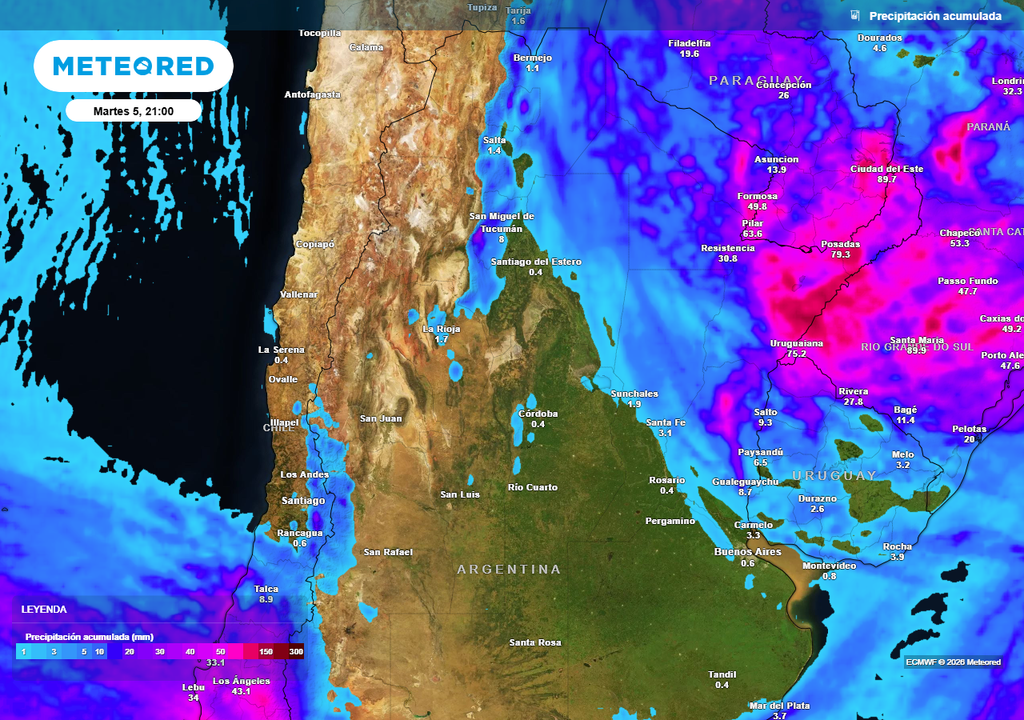 Acumulados de lluvia previstos hasta el próximo martes según nuestro modelo de referencia ECMWF