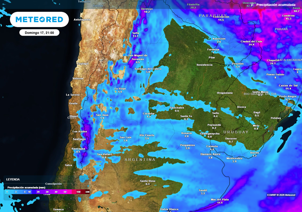 Acumulados de lluvia previstos hasta el próximo domingo según nuestro modelo de referencia ECMWF