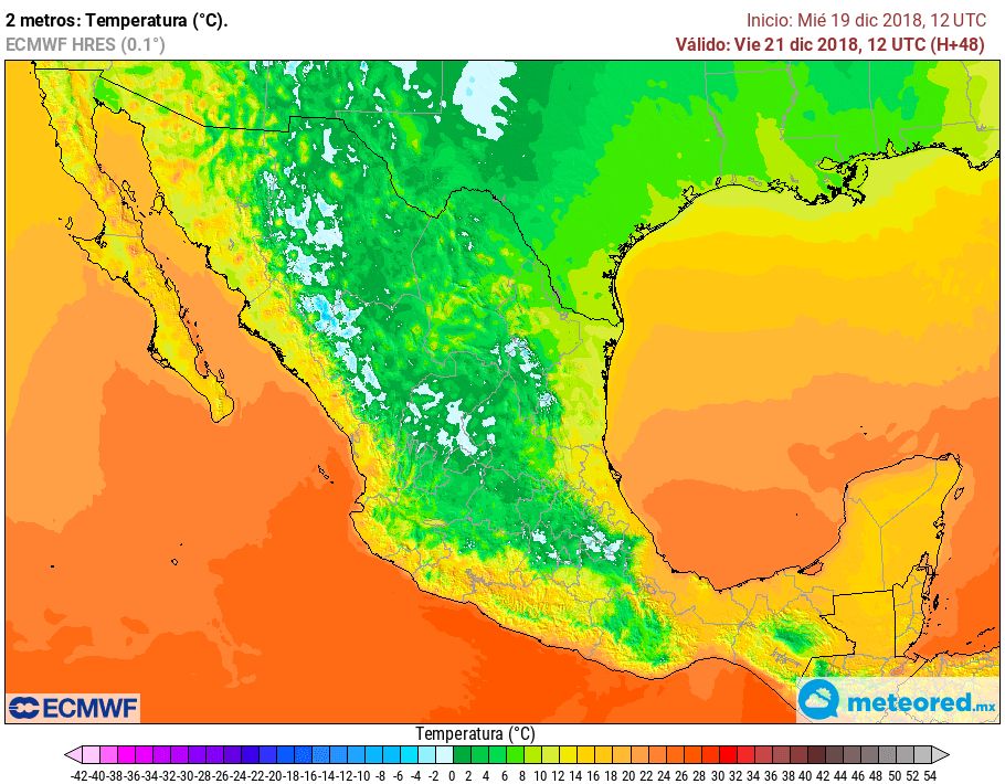 Modelo ECMWF. Pronóstico de temperaturas mínimas viernes 21 de diciembre de 2018