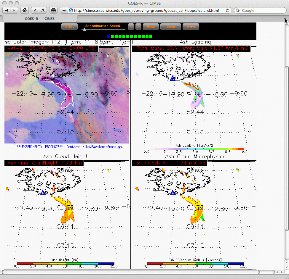 Imágenes obtenidas el 6 de mayo de 2010 de la erupción del volcán islandés. Fuente CIMSS-SSEC.