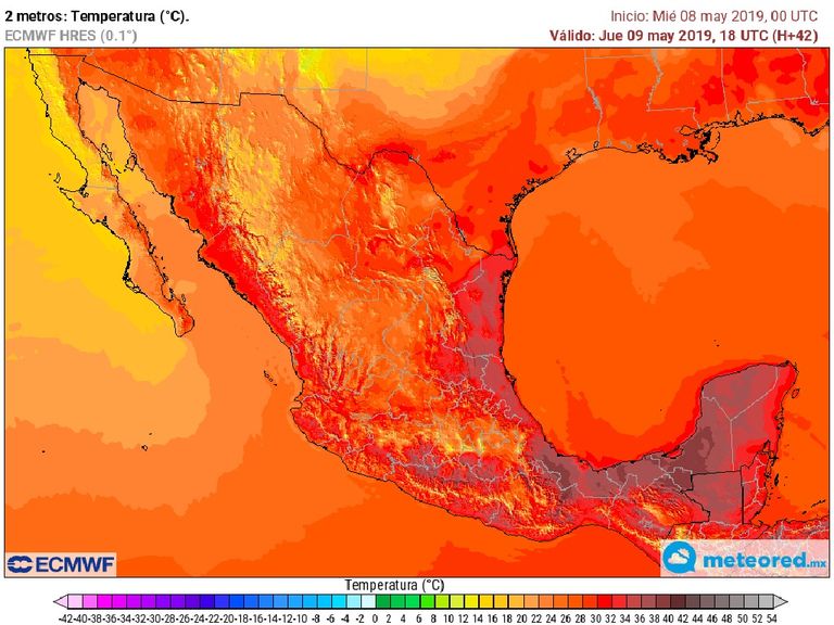 Modelo ECMWF. Temperatura máxima jueves 9 de mayo de 2019. Modelo ECMWF. Temperatura máxima jueves 9 de mayo de 2019.