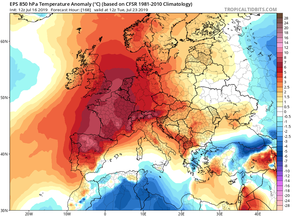AnomalÃ­as de temperaturas en 850 hPa del modelo probabilÃ­stico EPS-ECMWF para en dÃ­a 23 de julio de 2019 12 UTC. Tropicaltidbits