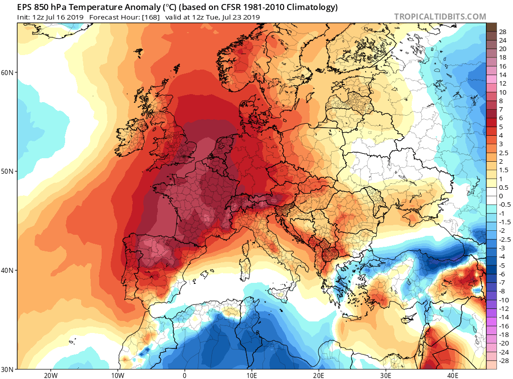 Anomalías de temperaturas en 850 hPa del modelo probabilístico EPS-ECMWF para en día 23 de julio de 2019 12 UTC. Tropicaltidbits Anomalías de temperaturas en 850 hPa del modelo probabilístico EPS-ECMWF para en día 23 de julio de 2019 12 UTC. Tropicaltidbits