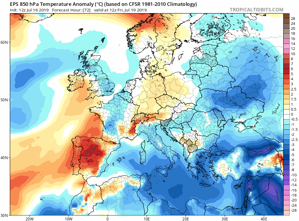 Secuencia de anomalías de temperaturas en 850 hPa del modelo probabilístico EPS-ECMWF para el periodo 19-24 de julio de 2019. Tropicaltidbits