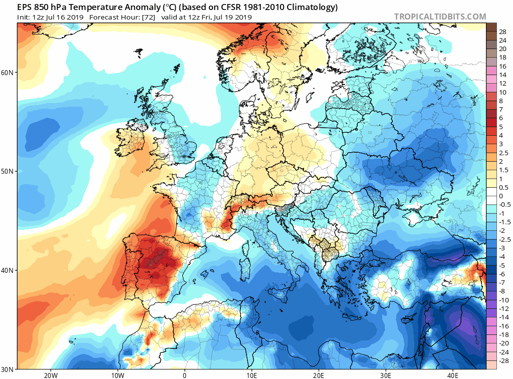 Secuencia de anomalías de temperaturas en 850 hPa del modelo probabilístico EPS-ECMWF para el periodo 19-24 de julio de 2019. Tropicaltidbits Secuencia de anomalías de temperaturas en 850 hPa del modelo probabilístico EPS-ECMWF para el periodo 19-24 de julio de 2019. Tropicaltidbits