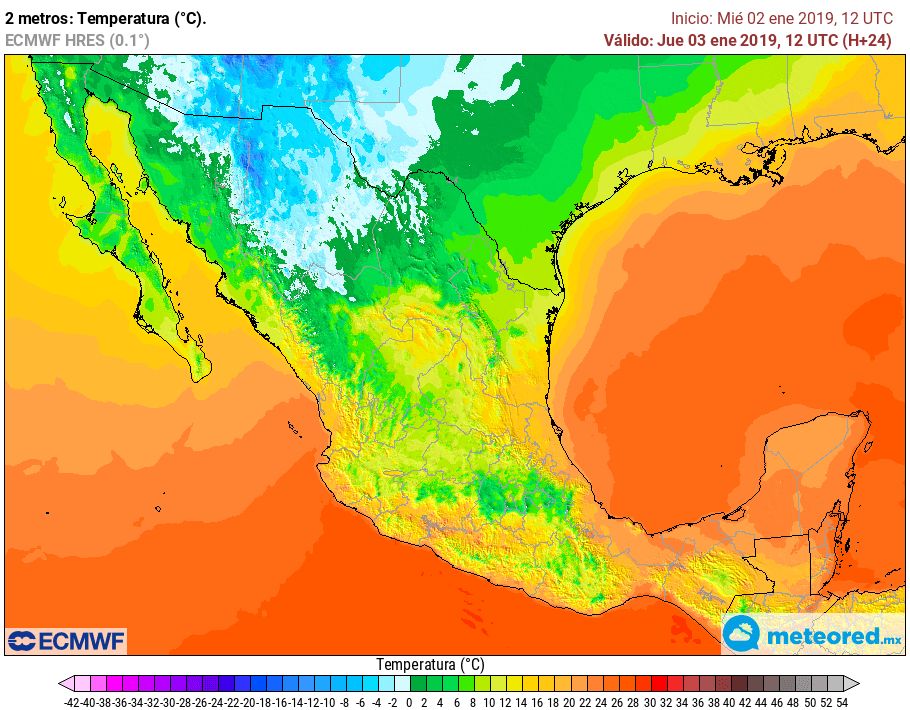 Modelo ECMWF. Previsión de temperaturas mínimas jueves 3 de enero 6 am.
