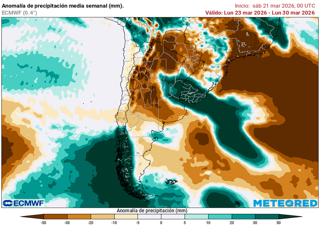 Lluvia, Tormenta, Alerta, Buenos Aires, Córdoba, Litoral, Argentina, Marzo, Pronóstico, Clima, Tiempo Anomalía de precipitaciones prevista para la semana del lunes 23 al domingo 29 de marzo según el modelo ECMWF