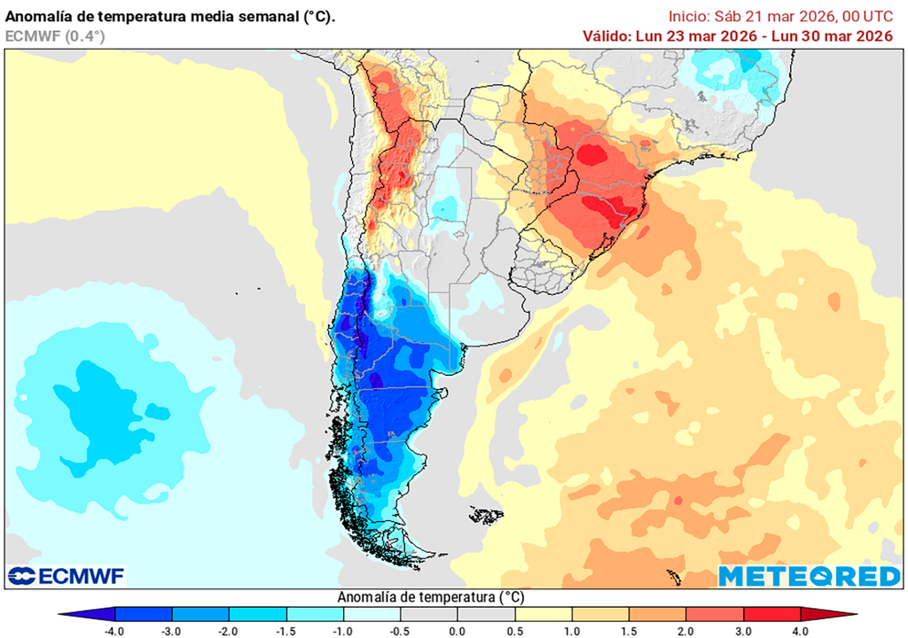 Lluvia, Tormenta, Alerta, Buenos Aires, Córdoba, Litoral, Argentina, Marzo, Pronóstico, Clima, Tiempo Anomalía de temperatura prevista para la semana del lunes 23 al domingo 29 de marzo según el modelo ECMWF