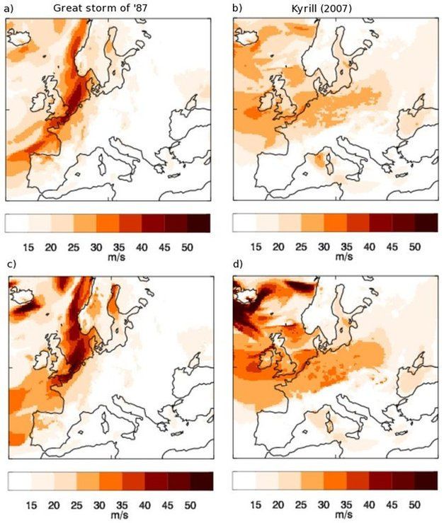 Ejemplos de las huellas de tormentas: ( a) y ( b ) huellas de ráfagas máximas de 3 segundos de la gran tormenta del 87 y Kyrill ( enero de 2007) ; ( c) y ( d ) huellas recalibradas para las mismas borrascas.