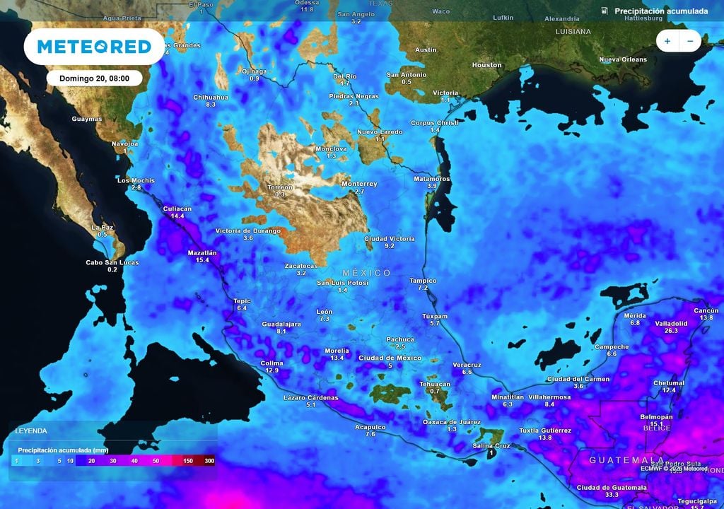 Pronóstico de precipitaciones en milímetros Se estiman de 10-30 mm con locales de 50-75 mm en occidente, sur y sureste por sistemas inestables; beneficios para campos y bosques, pero con inundaciones urbanas.