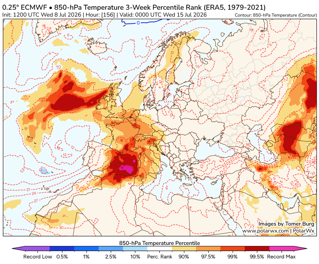 Mapas relativos al posible y futuro domo de calor: arriba, geopotencial en 500 hPa y anomalías extremas, y abajo, mapa térmico a 850 hPa y sus anomalías cálidas extrema sobre el mediterráneo occidental. Colores rojos y fucsias indican el grado de anomalías para el 15 de julio 2026 00 UTC según ECMWF. Fuente: Tomer Burg