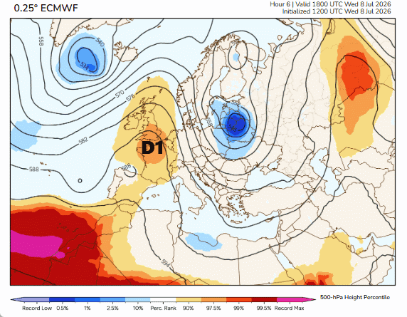 Ídem que la imagen de arriba para 500 hPa con la evolución y sus anomalías extremas, indicando los dos domos de calor, D1 y D2, citados en el texto. Fuente: Tomer Burg