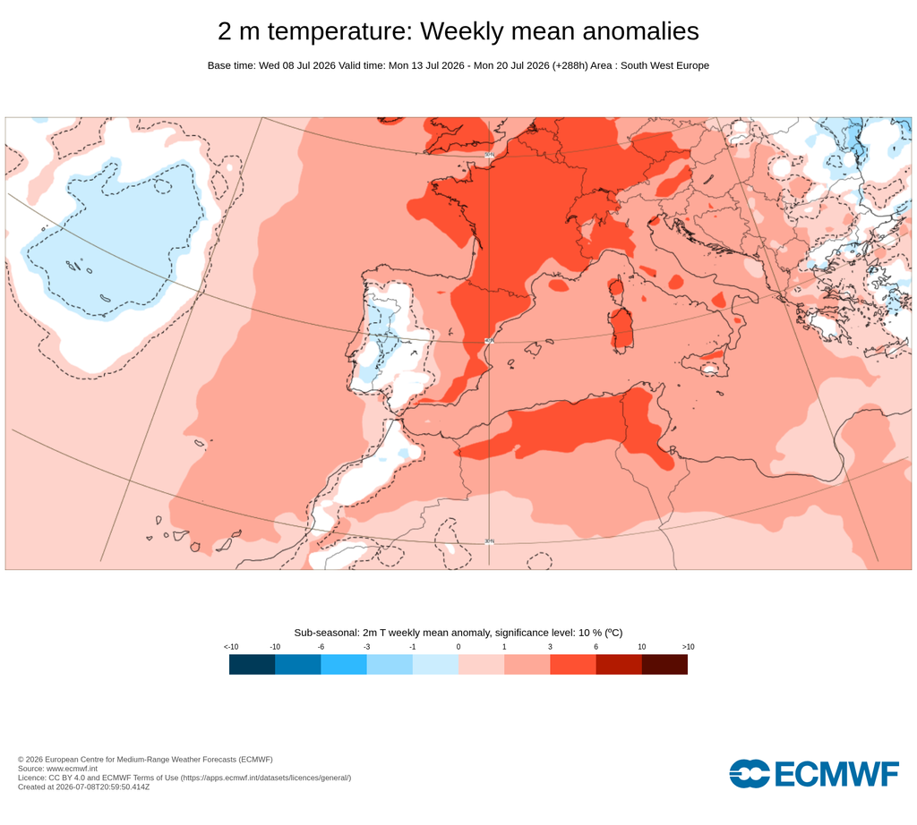 Anomalías previstas de la temperatura media a 2 m para la semana del 13 al 19 de julio de 2026: cálidas en escala de rojos y frías en escala de azules. ECMWF