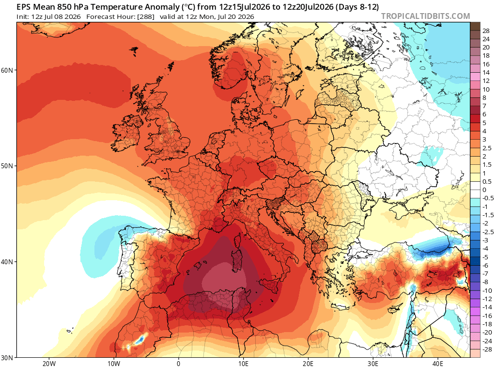 Anomalías medias previstas por EPS ECMWF de la temperatura a 850 hPa para el periodo 15-20 de julio: cálidas en escala de rojos y frías en escala de azules- Fuente: Tropicaltidbits