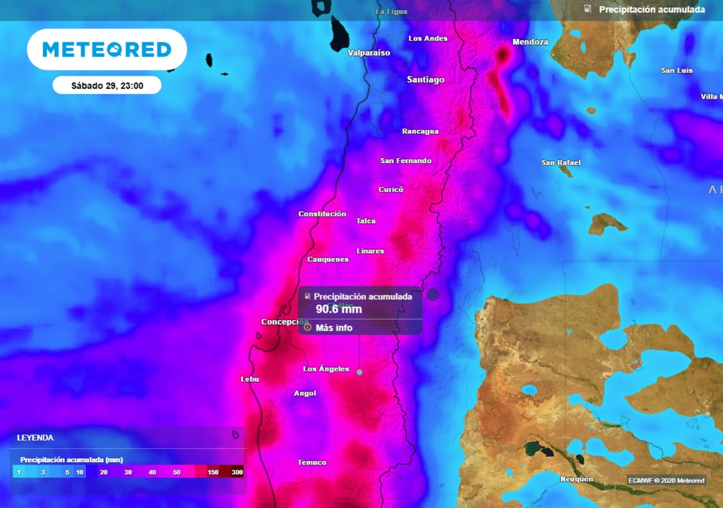 mapa de precipitación acumulada Entre este jueves y sábado se podrían acumular hasta 90 mm en sectores del Biobío.
