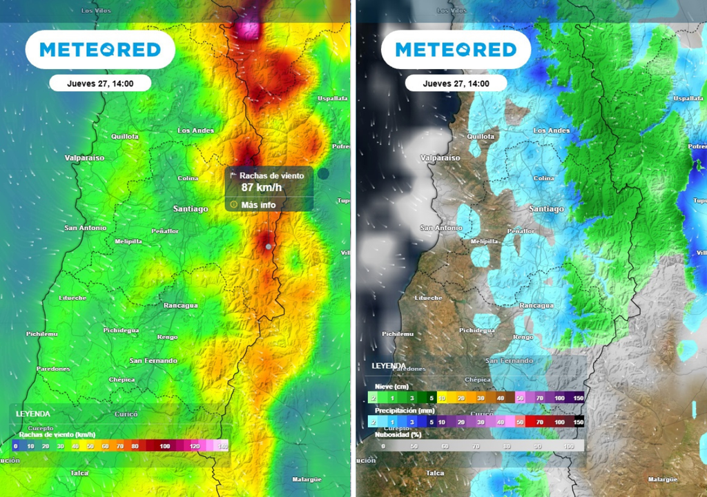 mapas de rachas de viento y precipitaciones Este jueves continuarían las fuertes rachas de viento en cordillera y chubascos, principalmente en la Región Metropolitana y sectores precordilleranos de Valparaíso.
