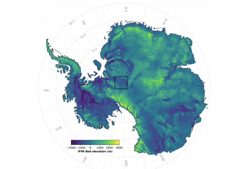 Topografía subglacial para todo el continente antártico. Crédito: Ockenden et al./Science.