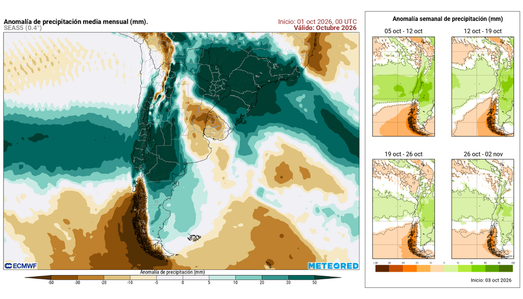 pronóstico climático de octubre La primera semana de octubre debe ser la más lluviosa. Sin embargo, las precipitaciones deben mantenerse por sobre el promedios en sectores de Atacama a Los Lagos durante octubre.