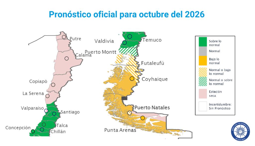 pronóstico oficial para Chile Un pronóstico categórico de lluvias sobre el promedio entregó la Dirección Meteorológica de Chile para el tramo entre el sur de la Región de Coquimbo y la Región de Los Ríos. En el norte de la Región de Los Lagos, las lluvias se esperan dentro de lo normal a sobre lo normal mientras que su tramo sur tendrá un comportamiento parecido a la Patagonia.